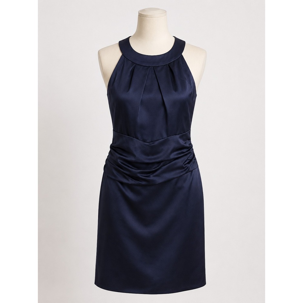 David's Bridal 18 Navy Blue Satin Halter Pleated Bridesmaid Cocktail Dress NWT